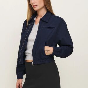 REFORMATION Denim Cropped Bomber Jacket